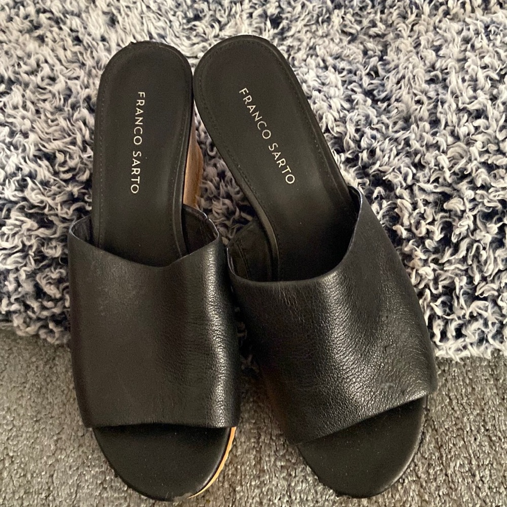 Black leather wedge sandals